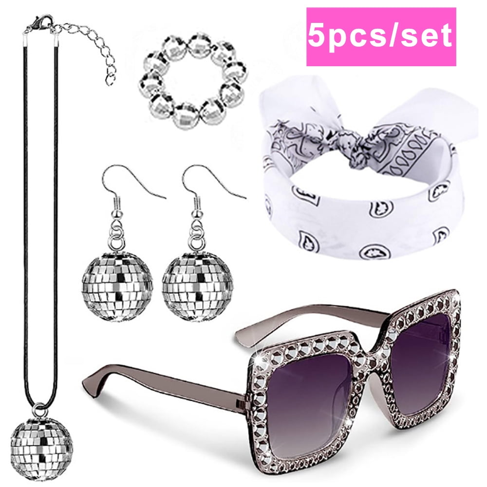 5Pcs 70s Disco Accessories Women Costume Jewelry Disco Earrings Sunglasses  Bracelet Necklace 