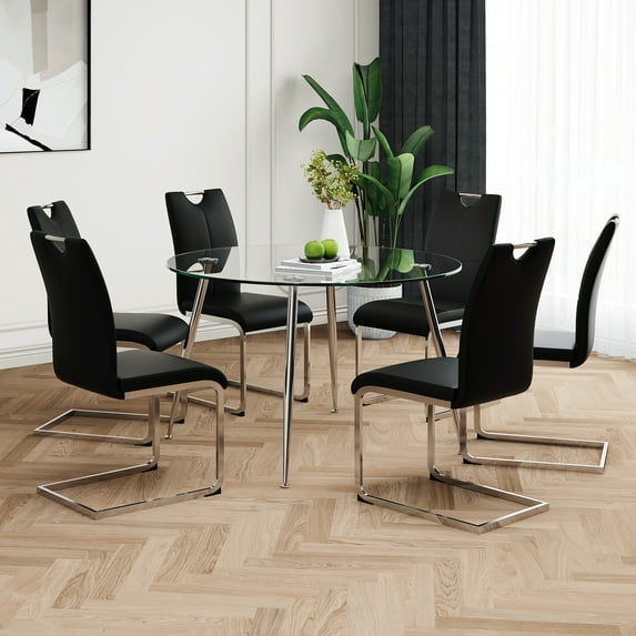 5Pcs 7Pcs/SetModern Simple Round Glass Dining Table, Solid Tempered Glass Tabletop, Electroplated Table Legs, White PU Dining Chair Set, Suitable For Restaurant Kitchen Use