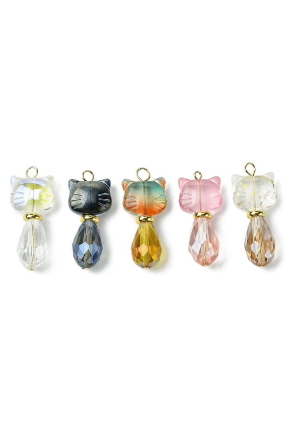 5Pcs/8Pcs Glass Cats Pendants Mixed Color Animal Charm Jewelry Craft Supplies