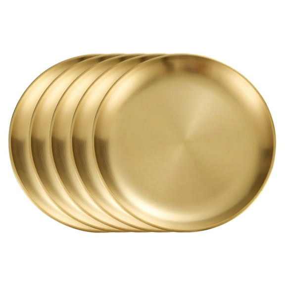 5Pcs 9 Inch Gold Stainless Steel Round Plate, Metal Camping Plates, Stainless Steel Plates, Reusable Metal Dinner Plates for Outdoor Picnic Camping