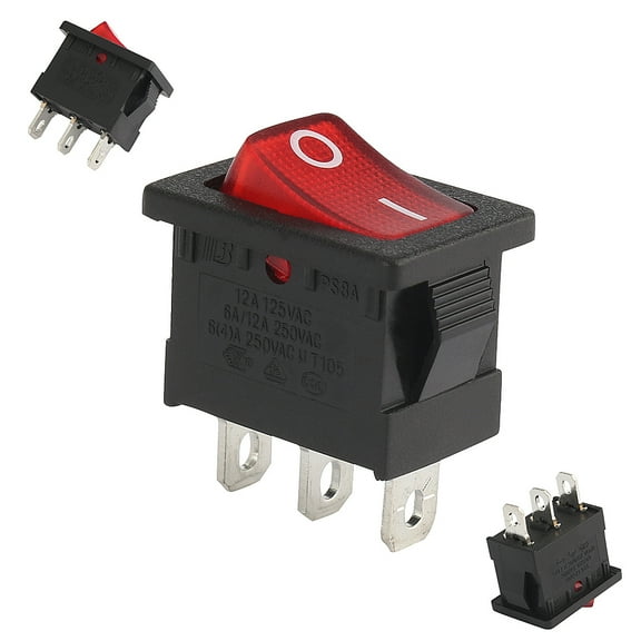 5Pcs AC 12A/125V ,6A/12A 250V SPST 3P 2 Position I/O Red Light Rocker Switch UL Listed