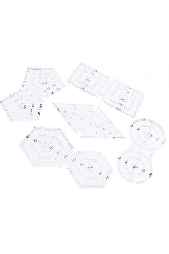 5Pcs Acrylic Patchwork Ruler Set Multi-Functional Arc Cutting Sewing Templates for DIY Hand-made Handicrafts, Double Triangle Pentagon Hex Round Square Craft Quilting Ruler (8.7 inches / 22 cm)