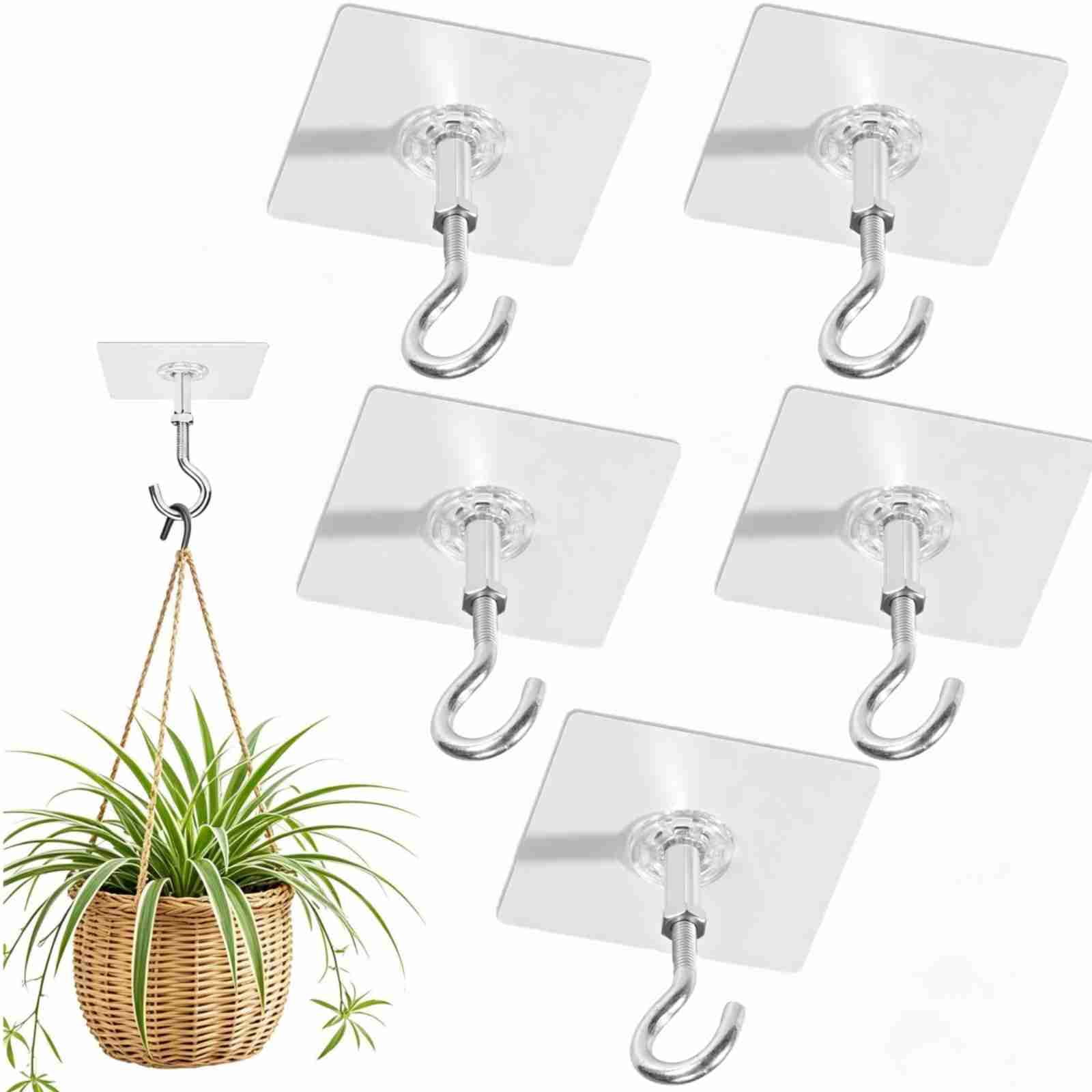 5Pcs Adhesive Ceiling Hooks, Heavy Duty Ceiling Hooks for Hanging Plants,  No Drill Outdoor Sticky Ceiling Hanger, Stick on Hooks for Lights, Wind ...