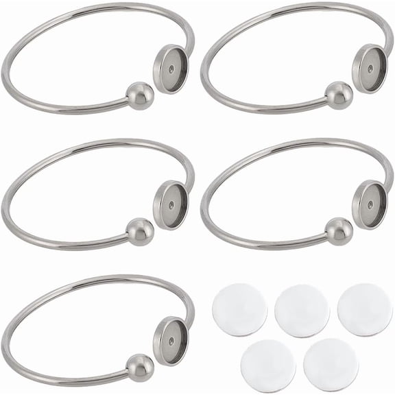 5Pcs Adjustable Bangle Blanks Stainless Steel Flat Round Cabochon Bracelet Setting Trays Open Bangle with Glass Cabochon Bracelet Findings
