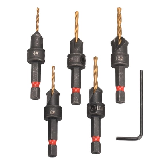5Pcs Adjustable Countersink Drill Bit Set, Hex Shank Wood Counter Bore With Wrench For Sinking Holes In Wooden Boards, For Hand Lithium Drills