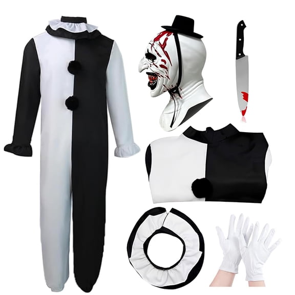 5Pcs Adults Killer Clown Costume with Scary Bloody Mask Fake Horror Props Gloves Halloween Cosplay Outfit