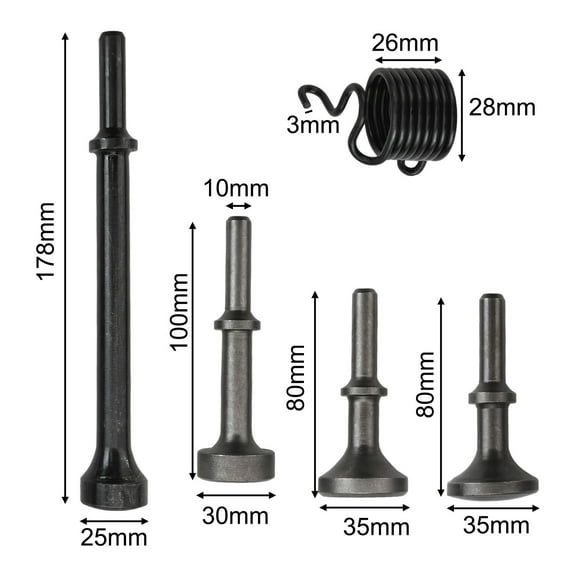 5Pcs Air Hammer Chisel Bits Set With Spring For Pneumatic Tools Alloy Steel Smoothing Hammer Bits For Metal Shaping Riveting Tire Repair Black