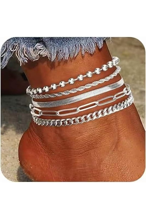 5Pcs Alloy Chain Anklets Sets for Women Platinum 9 7/8 inch(25cm) Colorful DIY