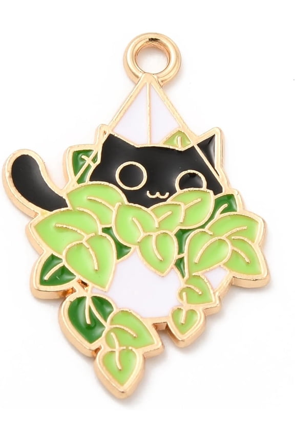 5Pcs Alloy Enamel Cat Pendants Light Gold Potted with Cat Charm Green Yellow Jewelry Findings for Women Birthday Festival Elegant Gifts Personalized Jewelry 27.5x18.5x1mm Hole: 2mm
