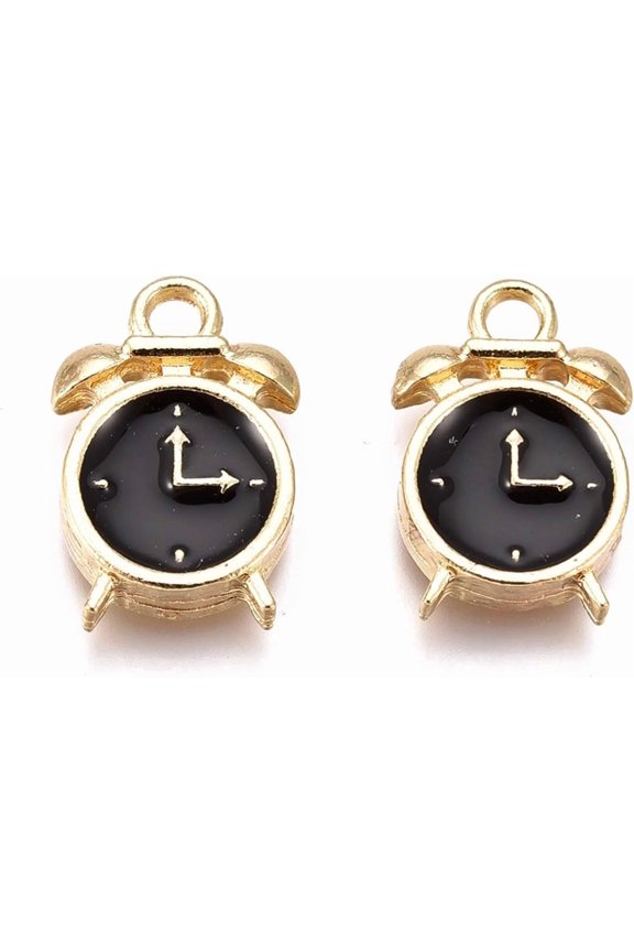 5Pcs Alloy Enamel Clock Pendants Golden Clock Pendant Charm Black Jewelry Making Charms