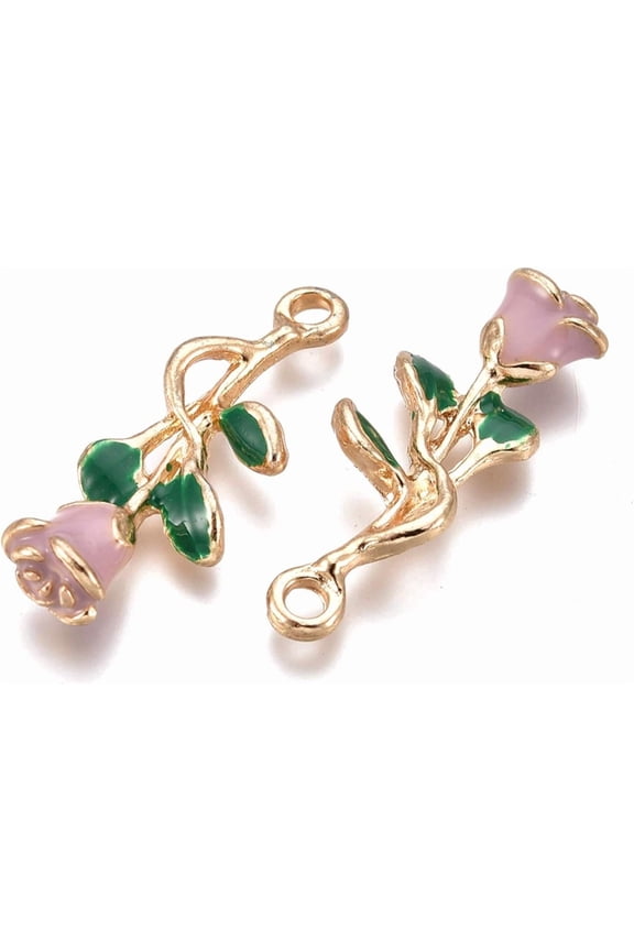 5Pcs Alloy Enamel Rose Flowers Pendants Golden Rose Flowers Metal Charms Pendant Thistle Pendant Ornament for Women DIY Necklace Jewelry Craft Making 28x10x5mm Hole: 2mm 5pcs
