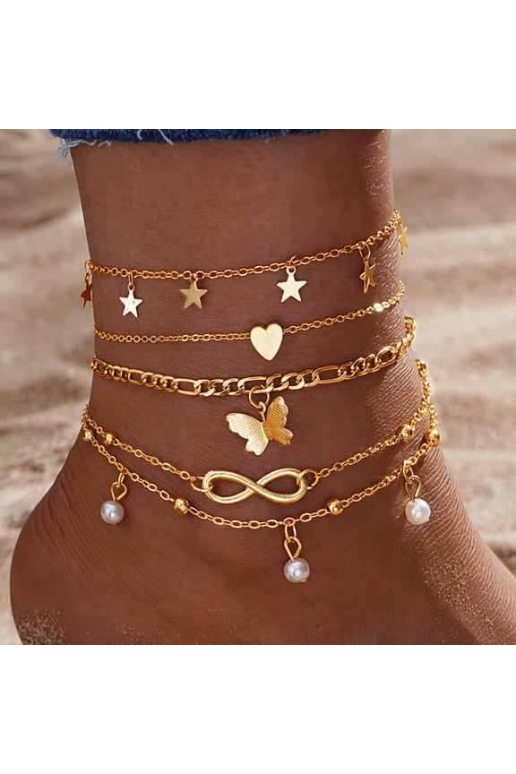 5Pcs Alloy Imitation Pearl Anklets Infinity 8-1/4 inch(210mm)