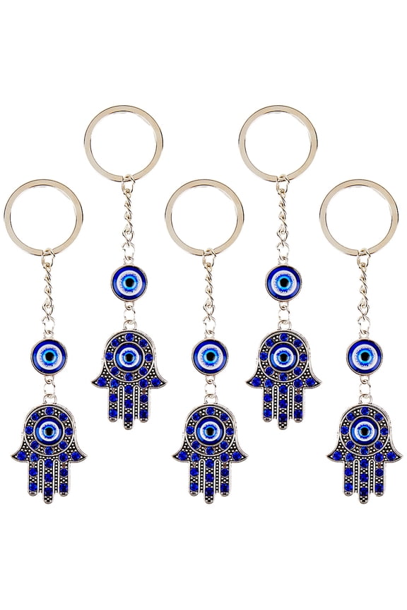 5Pcs Alloy Lampwork Keychain Bar with Key Rings for Bag Ornaments Blue Hamsa Hand 122mm