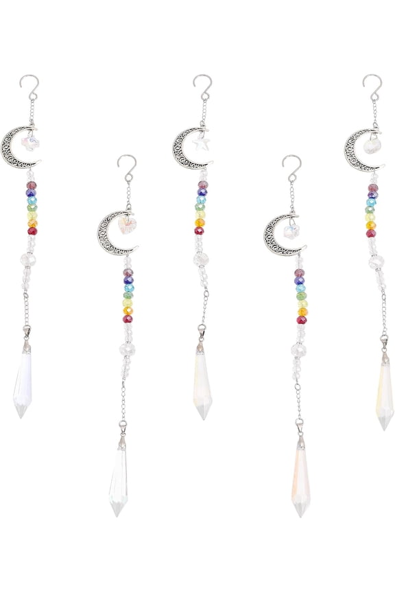 5Pcs Alloy Moon Pendant Decorations with 7 AB Color Plated Glass Beaded Hanging Ornaments for Home Decoration Silver for DIY