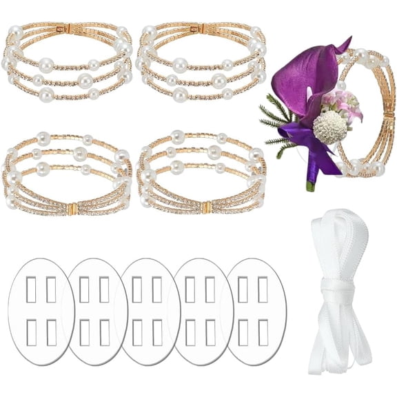 5Pcs Alloy Rhinestone Multi-strand Bangles for Women with Imitation Pearl Beads Polyester Ribbon & Acrylic Sheets Golden Inner Diameter: 1-7/8 inch(4.8cm)