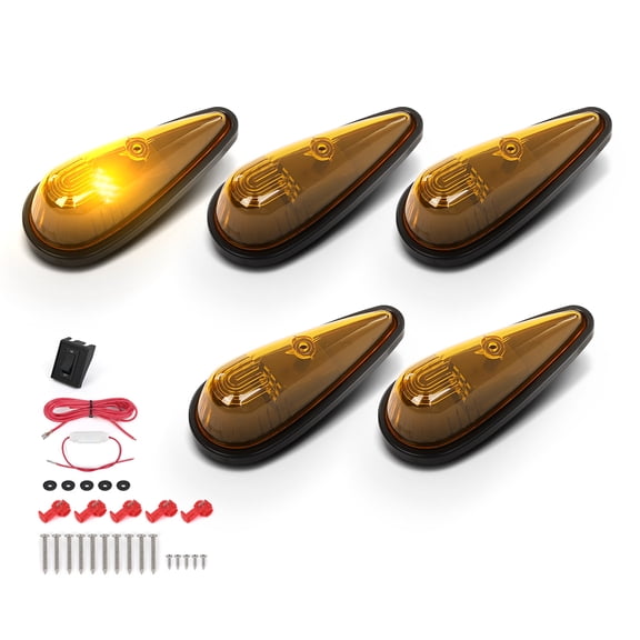 5Pcs Amber Teardrop Cab Marker Lights 9 LED Cab Marker Light Top Clearance Roof Running Light Assembly with Wiring Pack Fit for Trucks Trailer Vans Pickups RV Tractor Yellow