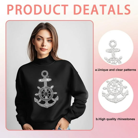 5Pcs Anchor Pattern Iron on Rhinestones Transfer Bling Crystal Clothing Repair Applique Heat Transfer Patches for T-Shirt Vest Shoes Hat Jacket Pants Bags Decor
