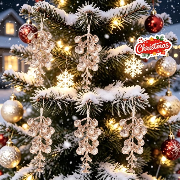 5Pcs Artificial Powder Glittery Berry, Christmas Ornaments Decorations Set, Xmas Tree Hanging Pendants, Seasonal Indoor Outdoor Decor for Christmas Tree Wreath Desk Mantel