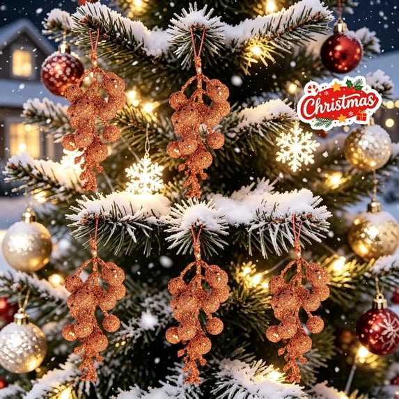 5Pcs Artificial Powder Glittery Berry, Christmas Ornaments Decorations Set, Xmas Tree Hanging Pendants, Seasonal Indoor Outdoor Decor for Christmas Tree Wreath Desk Mantel