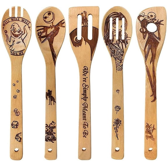 5Pcs Bamboo Spatula Set Slick Print Kitchen Party Eco-Friendly Kitchenware