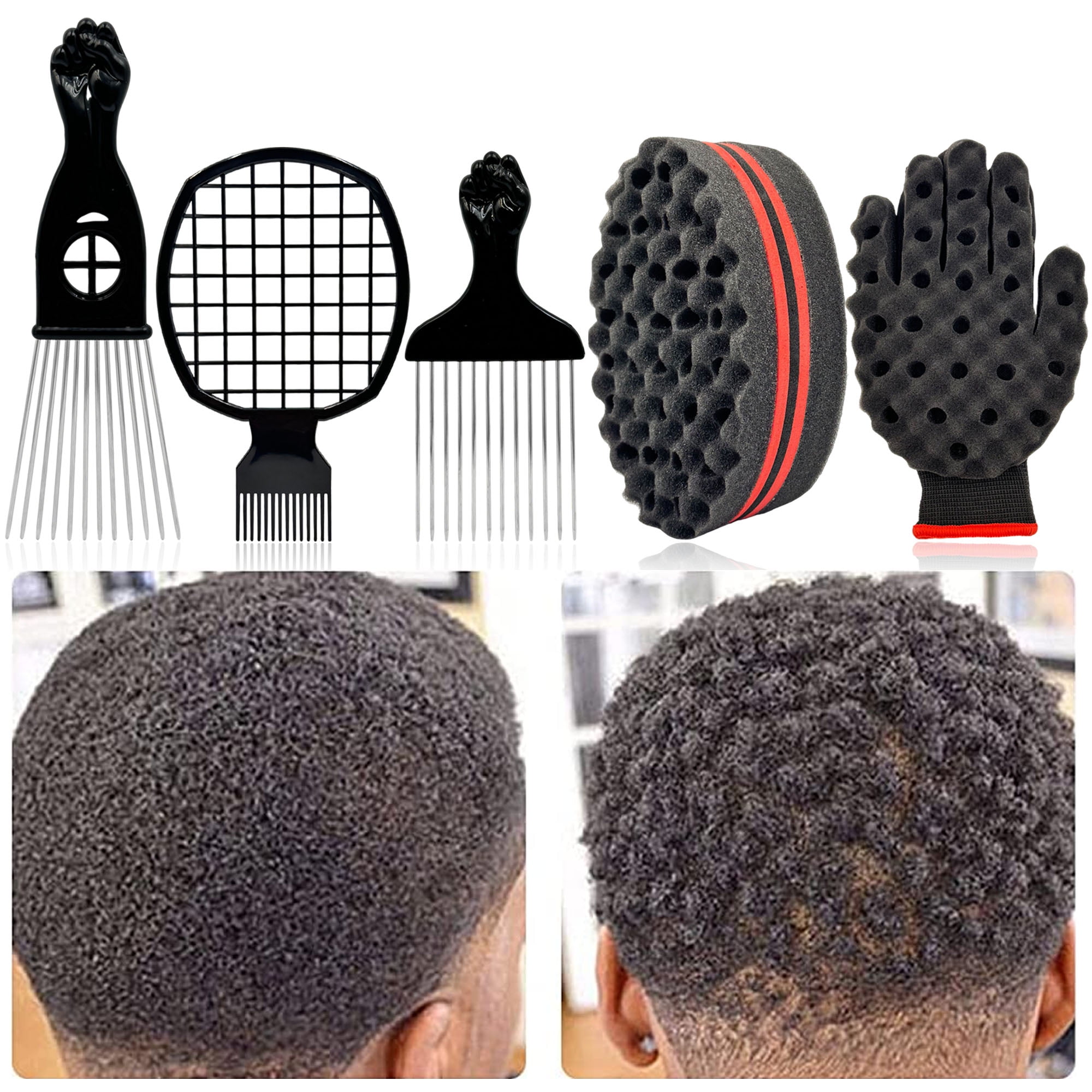 5Pcs Barber Hair Curly Styling Set Magic Hair Twist Curling Sponge Glove & Brush, Hair Pick and Twist Sculpt Comb