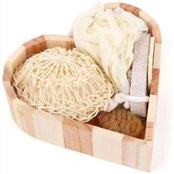 5Pcs Bath Shower Set in Heart Wooden Trinket Box Hair Brush for Women,Birthday Gifts,Bath & Shower Spa Basket Gift Set for Women for Body Back Legs and Foot,Gift for Mom
