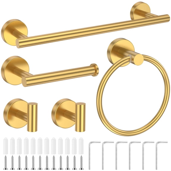 5-Piece Bathroom Hardware Set, 16" Towel Bar, Stainless Steel Bathroom Accessories Kit, Brushed Gold