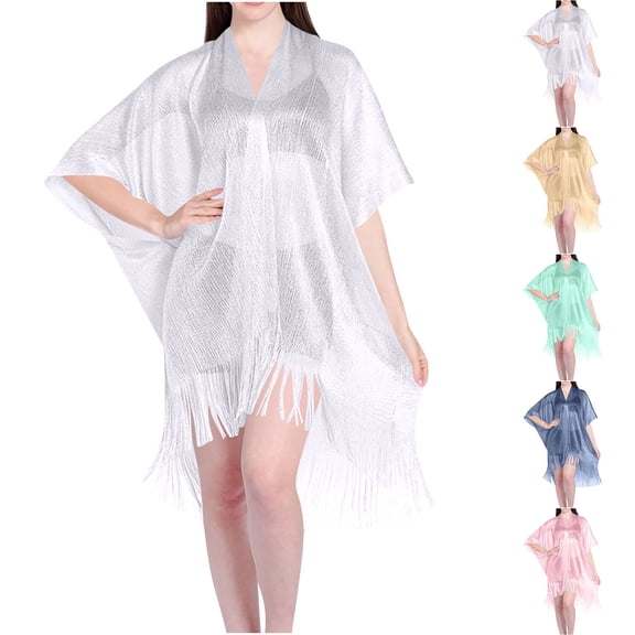 5Pcs Beach Cover Up Under $5! Yannianjz Ladies' Printed V-Neck Sarong Cover Up, Long Sleeve Beach Pareo with Metallic Thread, Lightweight Swimwear Cover Up and Shawl for Women