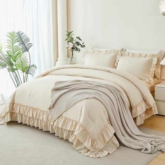 5Pcs Beige Ruffled Comforter Set Queen Double-Layer Ruffle Bedding Comforter Set for Women Girls Fluffy Shabby Chic Bed in a Bag with Sheets