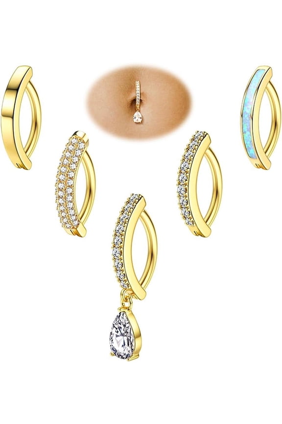 5Pcs Belly Button Ring for Women 14G Short Opal Navel Rings Silver Gold Clicker Piercing Pack Simple Dangle Cute CZ Small Hypoallergenic Reverse Piercings Jewelry