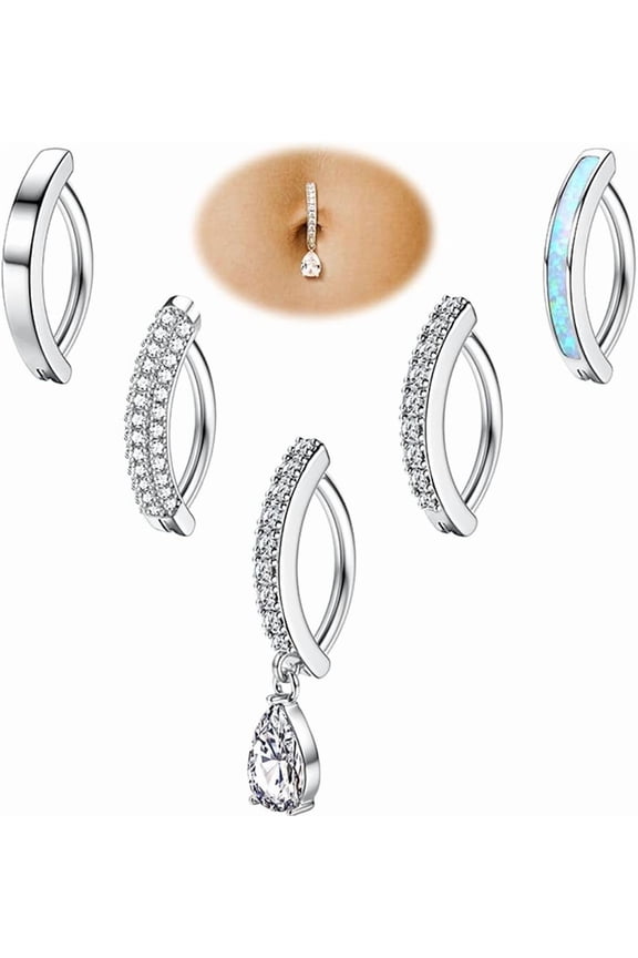 5Pcs Belly Button Ring for Women 14G Short Opal Navel Rings Silver Gold Clicker Piercing Pack Simple Dangle Cute CZ Small Hypoallergenic Reverse Piercings Jewelry