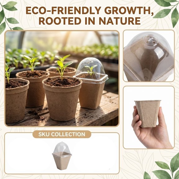 5Pcs Biodegradable Pulp Seedling Pots with Ventilated Humidity Dome Lids, Round Root-Control Nursery Cups with 4 Drainage Holes for Seed Germination,A