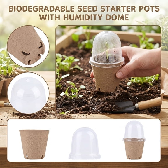 5Pcs Biodegradable Pulp Seedling Pots with Ventilated Humidity Dome Lids, Round Root-Control Nursery Cups with 4 Drainage Holes for Seed Germination,C