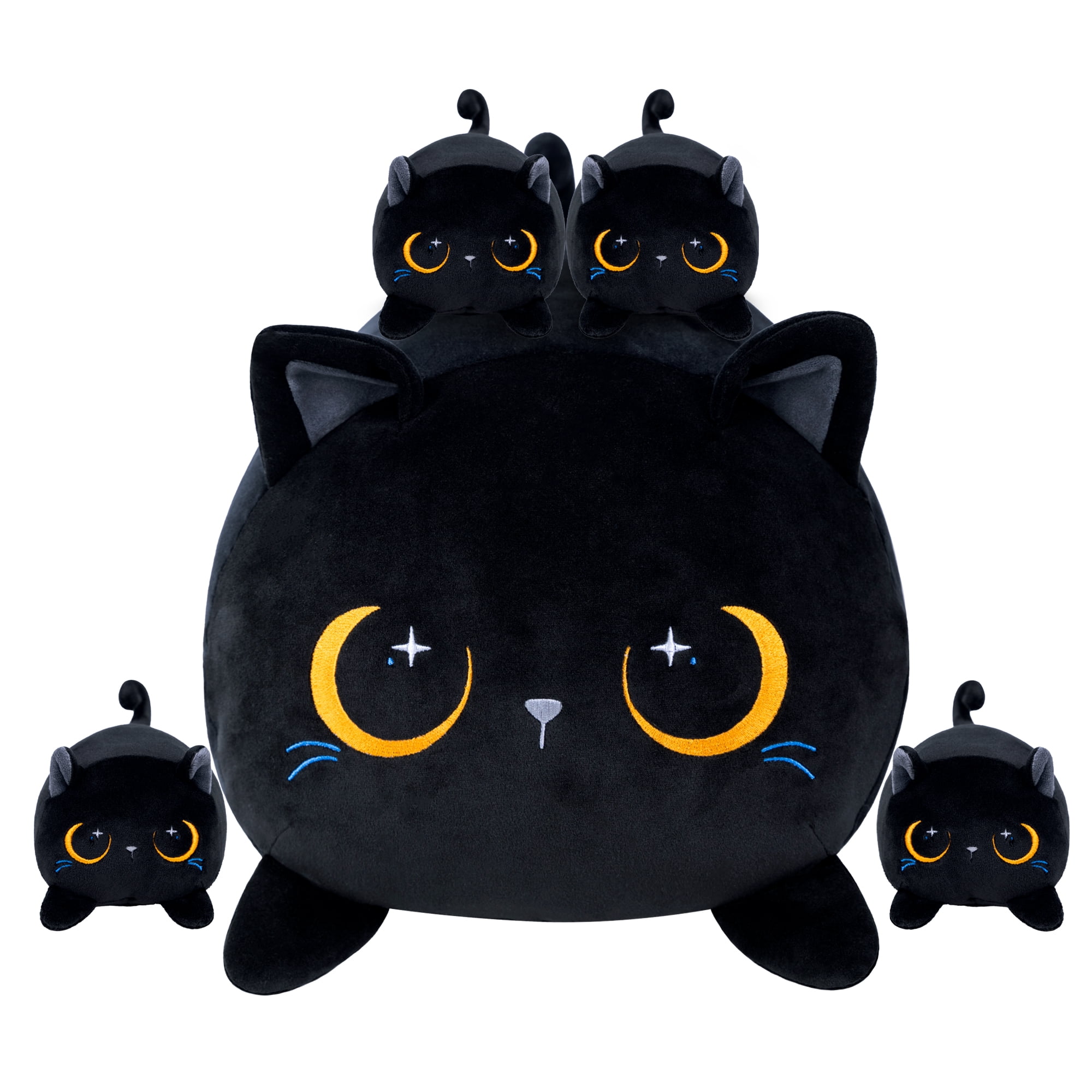 5Pcs Black Cat Stuffed Animal, Cats Mommy Plush Toy Set with 4 Baby, Soft Pillow, Christmas, Thanksgiving, Birthday Gift for Girls Boys Kids Decor