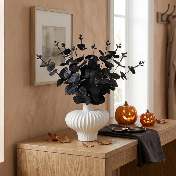 5Pcs Black Money Leaf Artificial Flowers Halloween Decorations, 13.8" Black Faux Eucalyptus Stems Halloween Artificial Plants Home Decorations