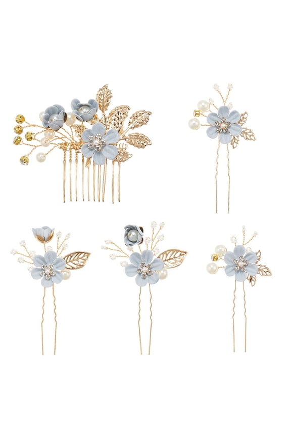 5Pcs Blue Flower Hair Pins Combs Clips Headpiece Accessories Set Glitter Gold Floral Leaf Pearl Rhinestone Decorative Barrette U Shape Bobby Pin for Women Wedding Bridal Prom Party Updos for DIY