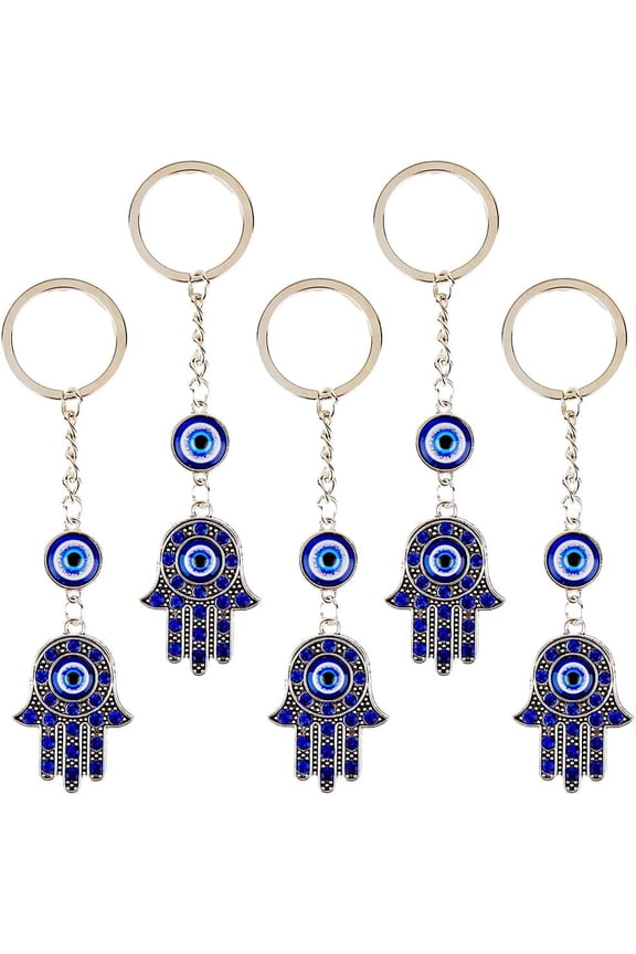 5Pcs Blue Hamsa Hand Key Chain Keychain Decoration with Key Rings Lucky Alloy Enamel Hanging Ornament Pendant Charms Keychains for Purse Bag Party Favors DIY Women Men Accessories