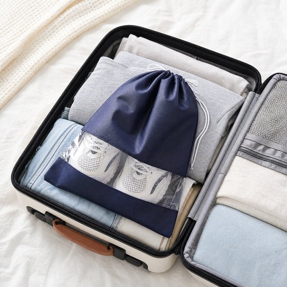 5Pcs Blue Travel Shoe Bags with Clear Window, 14.17×9.84 inch S, Non-Woven Drawstring, for Men Women Storage and Luggage