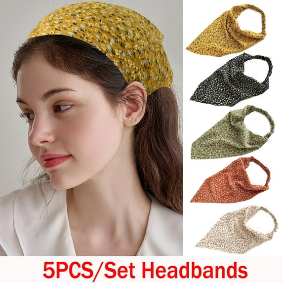5Pcs Boho Floral Elastic Hair Bandanas, Boho Scarf Headband Chiffon Head Kerchief Turban with Hair Clips for Women