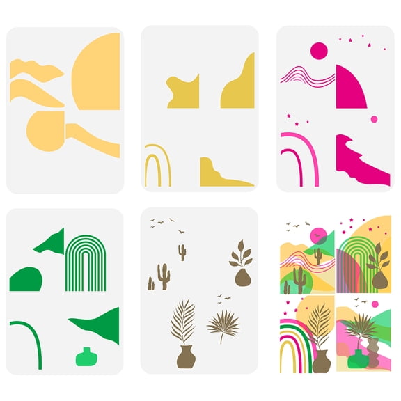 5Pcs Boho Layered Landscape Painting Stencil 8.3x11.7inch Abstract Sunrise Scenery Drawing Template Reusable Plastic Hollow Out StencilDIY