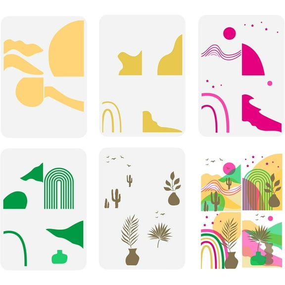 5Pcs Boho Layered Landscape Painting Stencil 8.3x11.7inch Abstract Sunrise Scenery Drawing Template Reusable Plastic Hollow Out Stencil for Painting on Wood Canvas Furniture for DIY