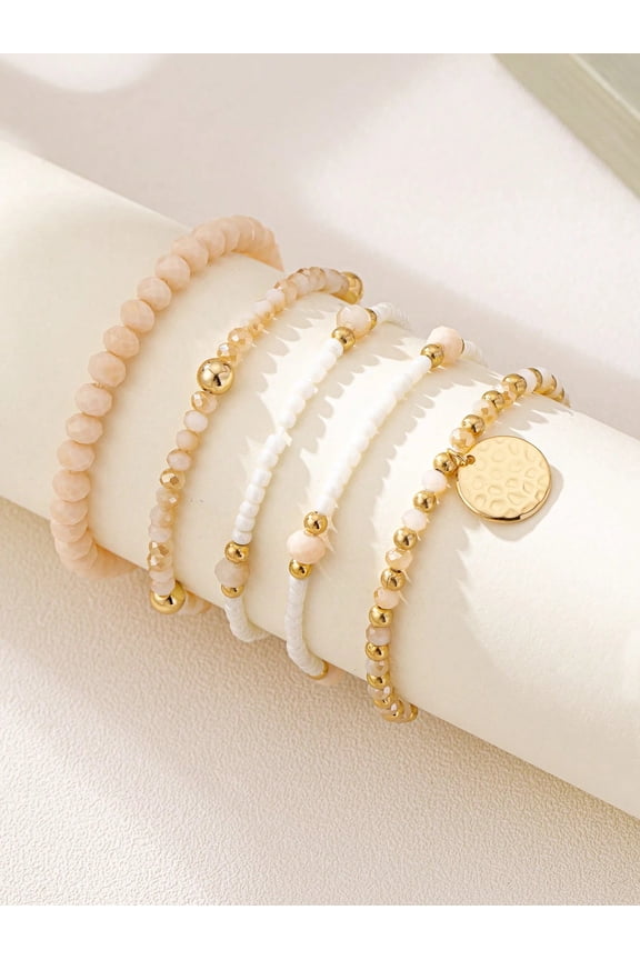 5Pcs Boho Stackable Beaded Stretch Bracelet Set, White & Cream Stone Gold Disc Charm Multi Layer Wrap Bracelets for Women