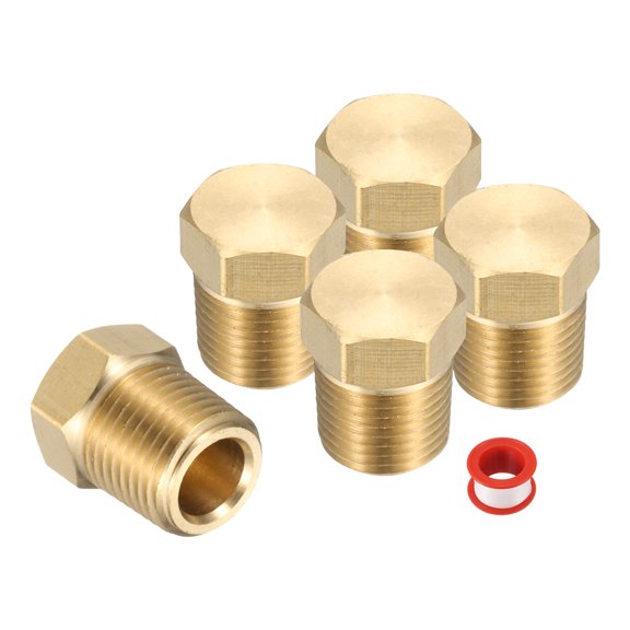 5Pcs Brass Hex Head Plug Compression Cap Fitting Stop Valve Cap, 1/8" NPT Hex Thread Pipe Fitting Flare Cap Tubing Ends Sealing Cap with PTFE Tape for Air Conditioner, Water, Gold