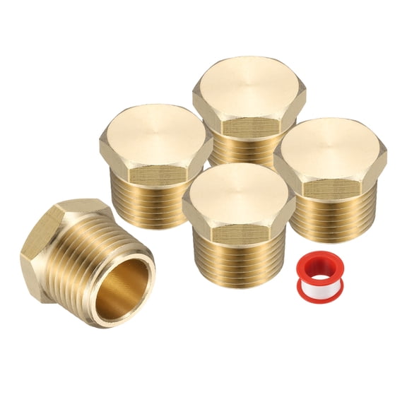 5Pcs Brass Hex Head Plug Compression Cap Fitting Stop Valve Cap, 3/8" NPT Hex Thread Pipe Fitting Flare Cap Tubing Ends Sealing Cap with PTFE Tape for Air Conditioner, Water, Gold