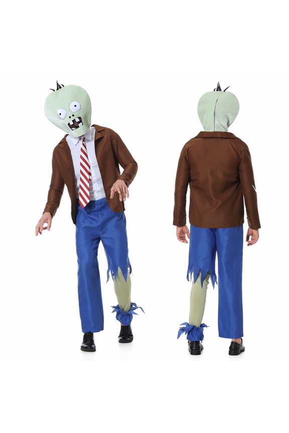5Pcs Businessman Fancy Dress, Halloween Horror Costume, Undead Role Play Suit, Scary Party Costume, Video Game Character Zombie Outfit for A Spooky, Playful Look-Mask+ Shirt+Tie+Coat+Pants, S