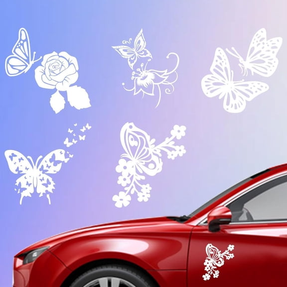 5Pcs Butterfly Car Decal Set 5.93x6.1 Inches14.8x15.5cm Waterproof Vinyl Butterflies Car Stickers White Reflective Butterflies with Flower Car Decals Car Window Decals for Cars Luggage