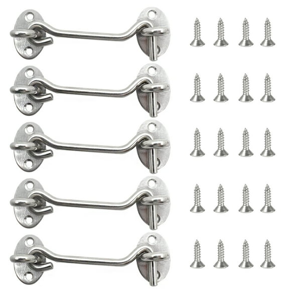5Pcs Cabin Hook and 10Pcs Door Eye Latch Lock,Stainless Steel Door Latch Window Catch Cabin Door Gate Lock with 20Pcs Mounting Screws for Window, Garden Gates, Cabinet Doors Barn and Bedroom
