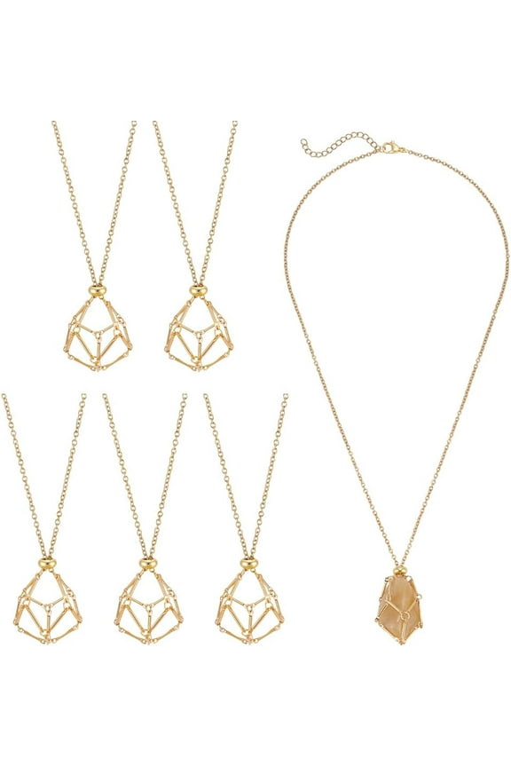 5Pcs Cage Holder Necklace Macrame Pouch Empty Stone Holder Golden Adjustable Necklace Holder Empty Stone Holder Nets for Pendant Necklaces Making for DIY