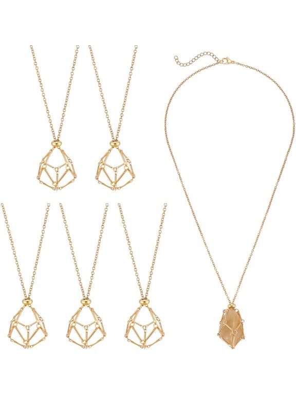 5Pcs Cage Holder Necklace Macrame Pouch Empty Stone Holder Golden Adjustable Necklace Holder Empty Stone Holder Nets for Pendant Necklaces Making