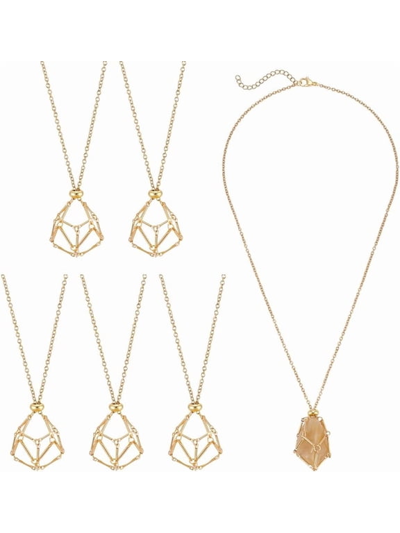 5Pcs Cage Holder Necklace Macrame Pouch Empty Stone Holder Golden Adjustable Necklace Holder Empty Stone Holder Nets for Pendant Necklaces Making